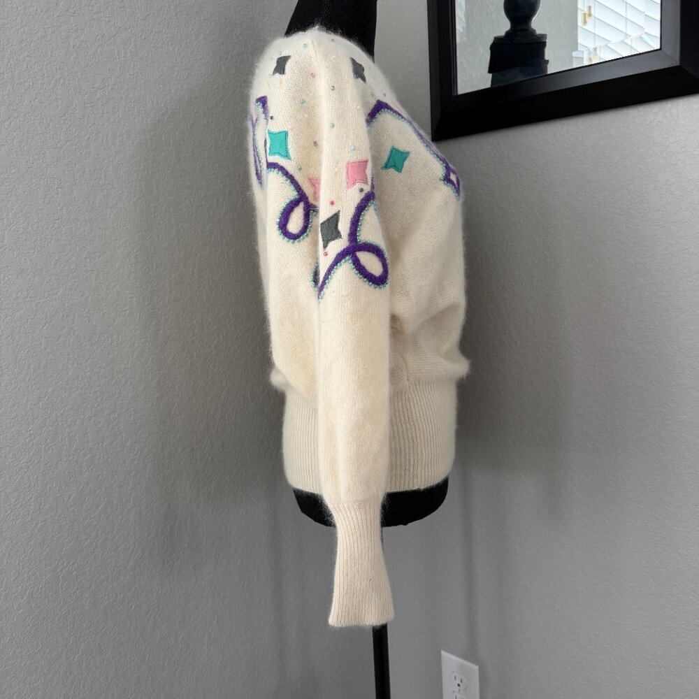 Vintage 80s Pastel Angora Geometric Sweater Cream Ivory Large - Picture 7 of 14